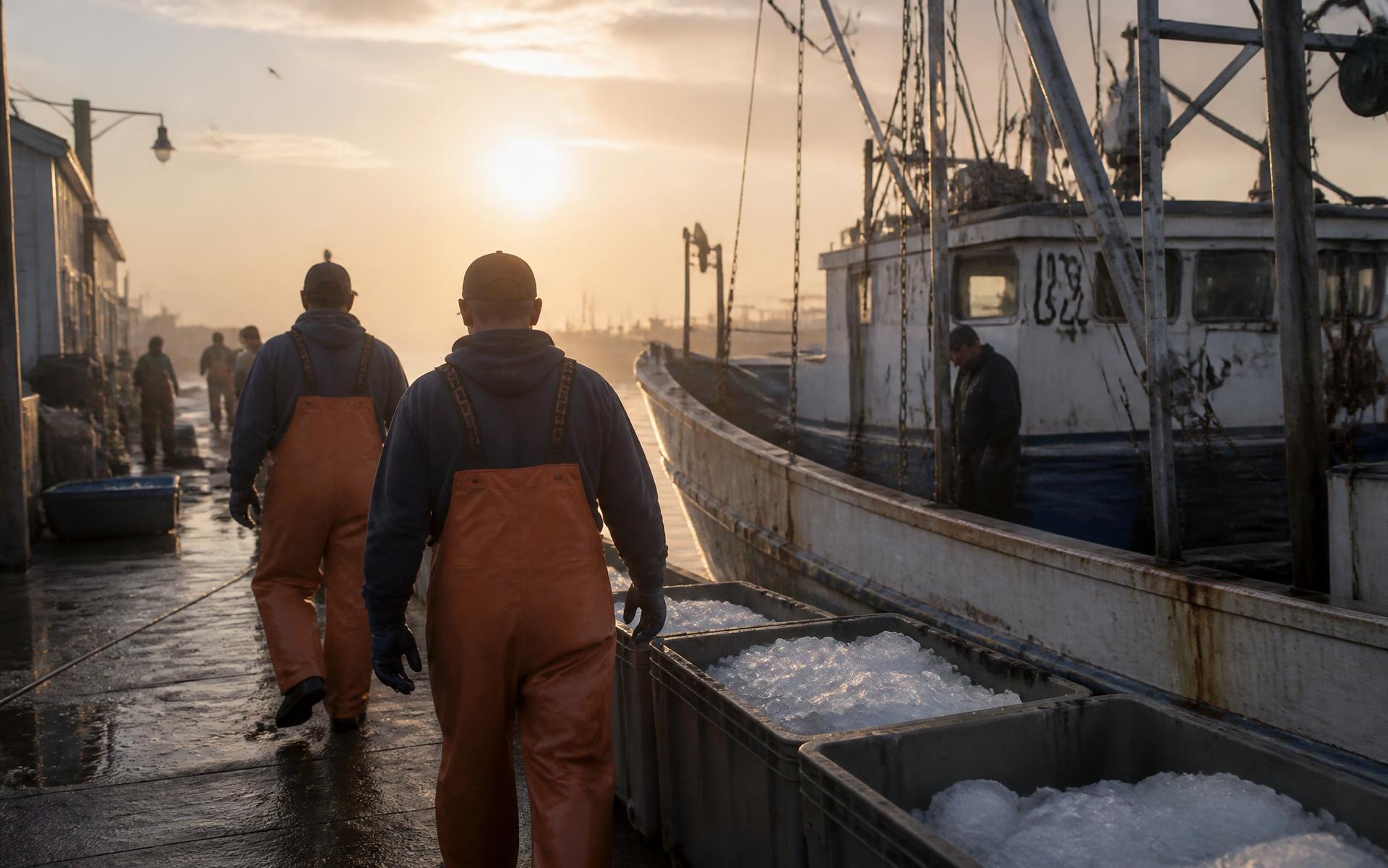 Fishermen in orange bibs walking the harbor dock at sunrise beside a trawler