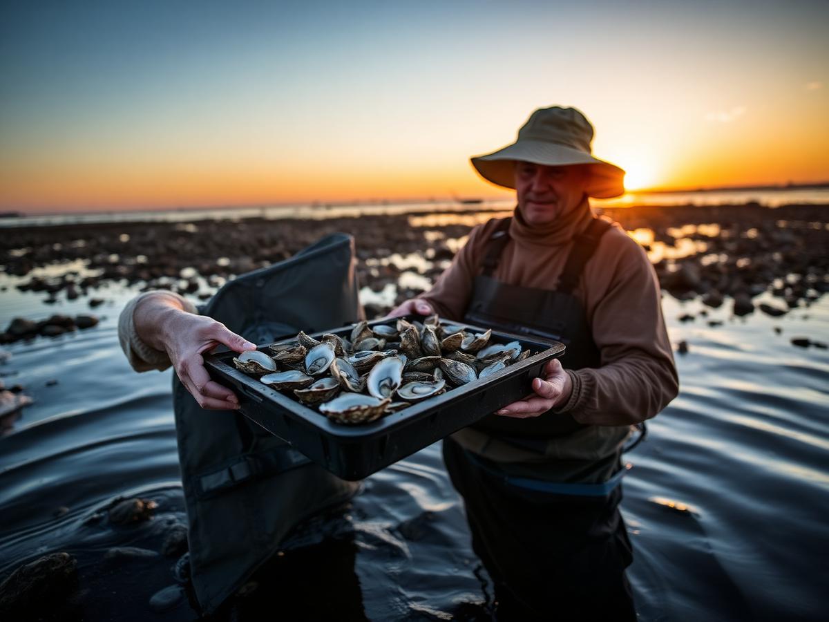 Oyster grower in waders holding a tray of live oysters at sunrise