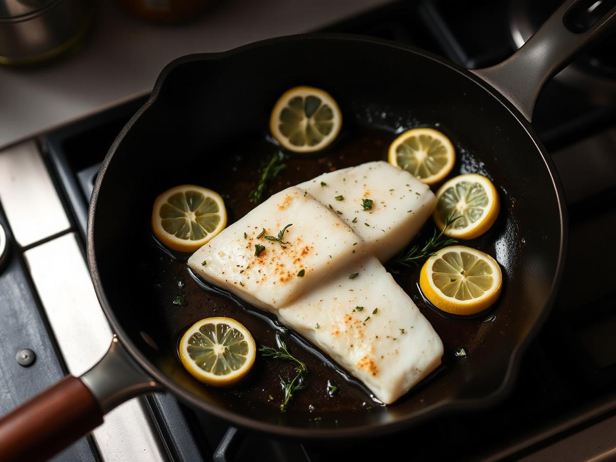 Pan-seared halibut fillet cooking in a cast iron skillet with lemon