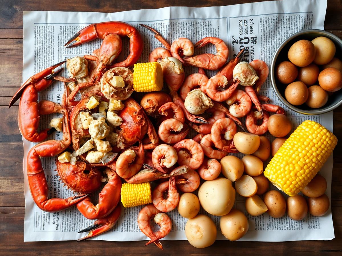 Seafood boil spread of crab, shrimp, corn and potatoes on newspaper